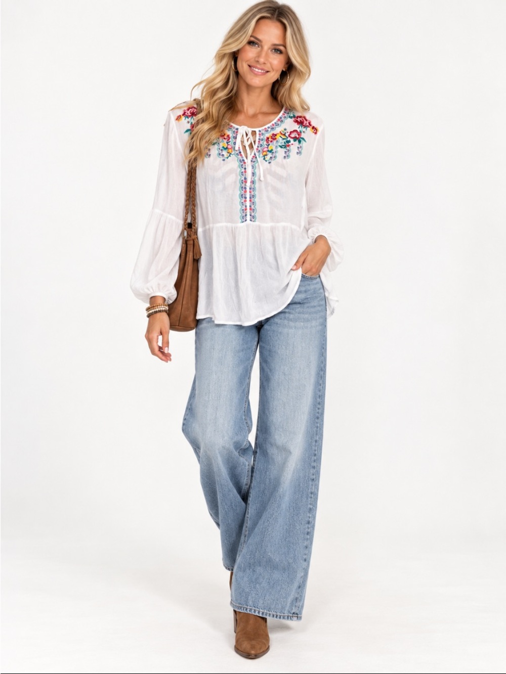 Charming Charlie White Floral Embroidered Boho Peasant Top Size XL
